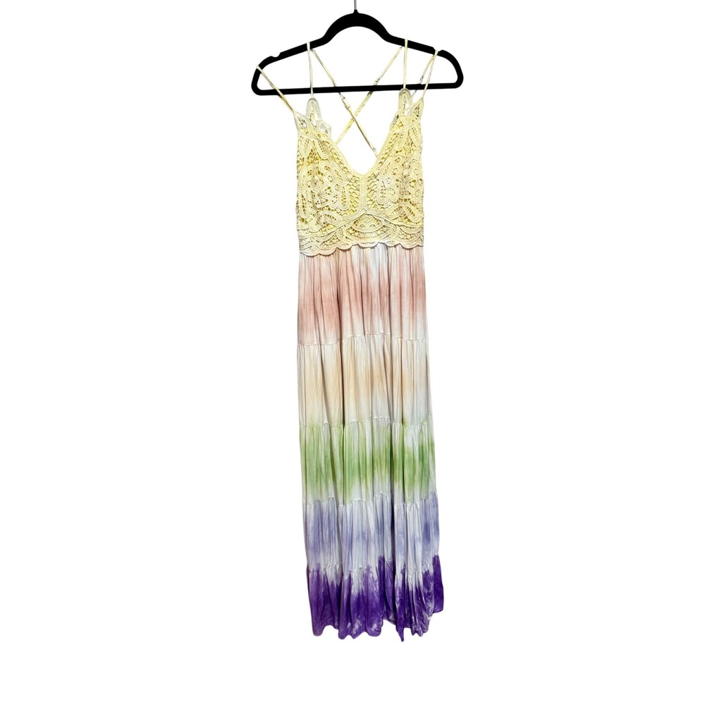 Main Strip Maxi Dress Tie Dye Crochet Lace V Neck Bohemian Festival Casual